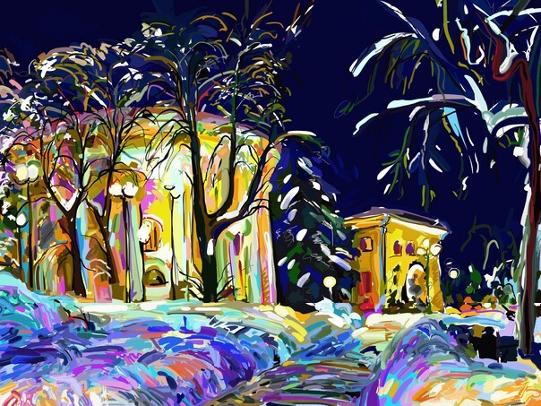 Winter night cityscape digital painting